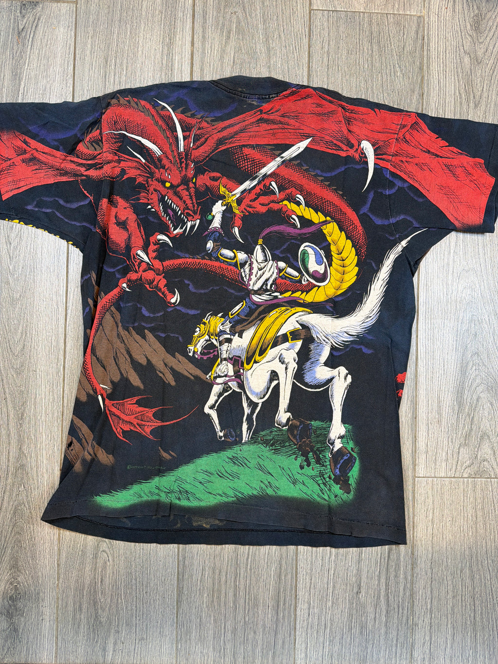 90s Liquid Blue Dragon AOP Black T-Shirt XL