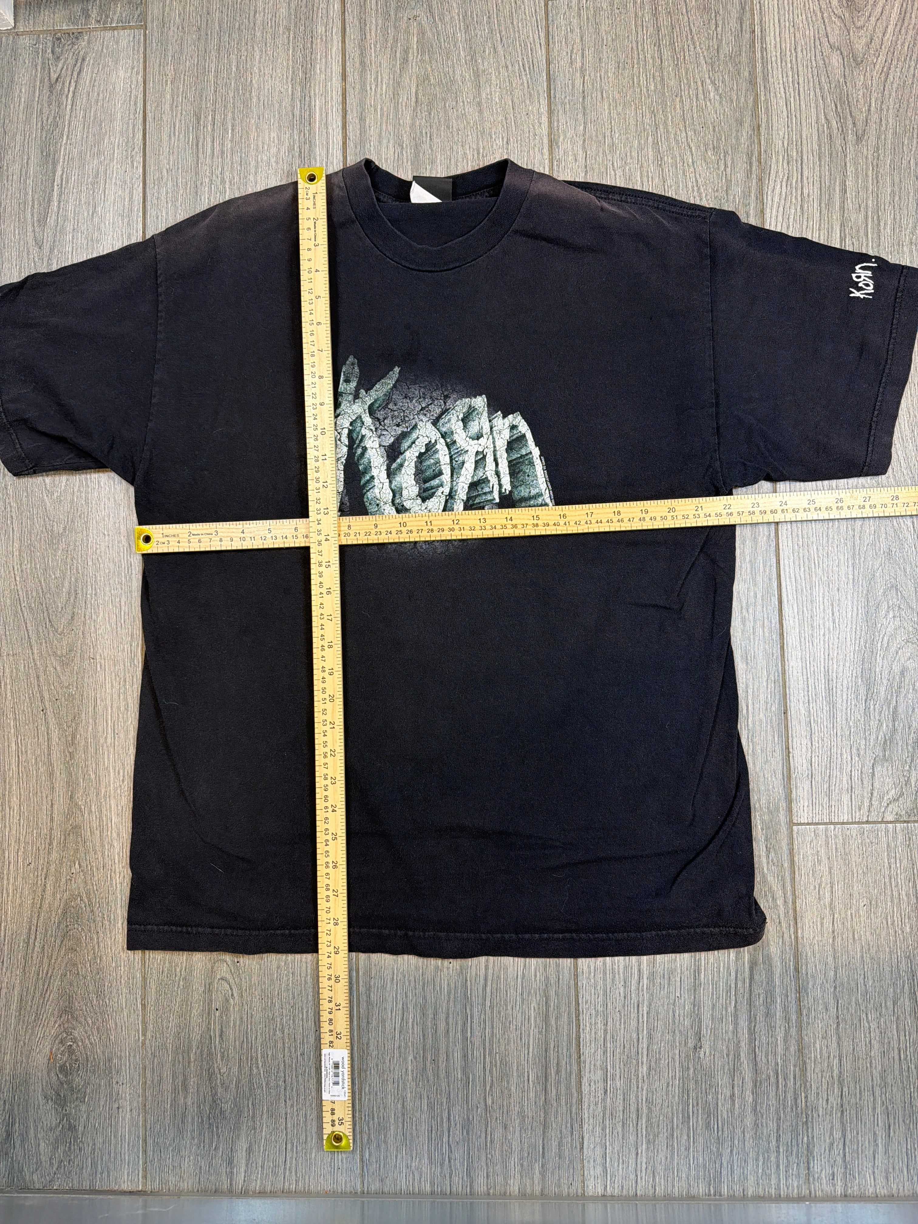 2000 y2k Korn Spellout Black Sleeve Print Giant Rare Vintage T-Shirt XL