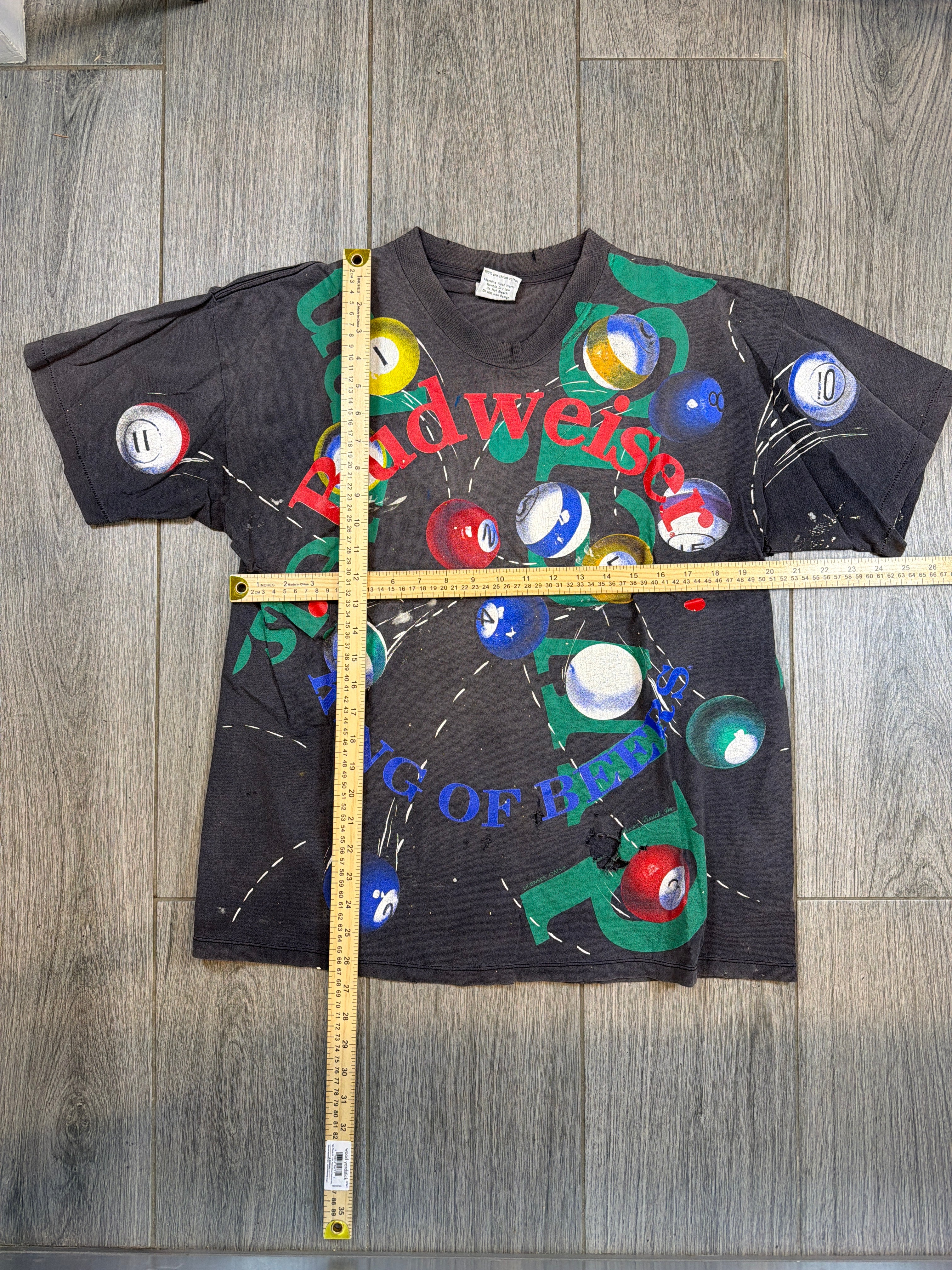 1992 Budweiser Pool Billiards Balls AOP Faded Thrashed Black T-Shirt XL