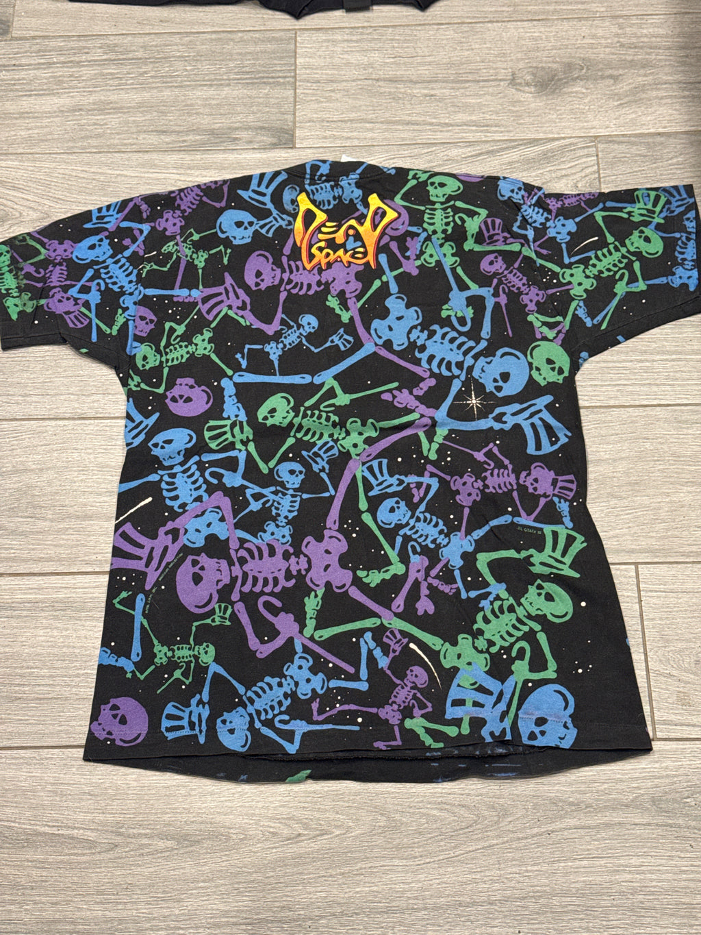 1992 Grateful Dead Skeleton Dead Space AOP Black FOTL T-Shirt XL