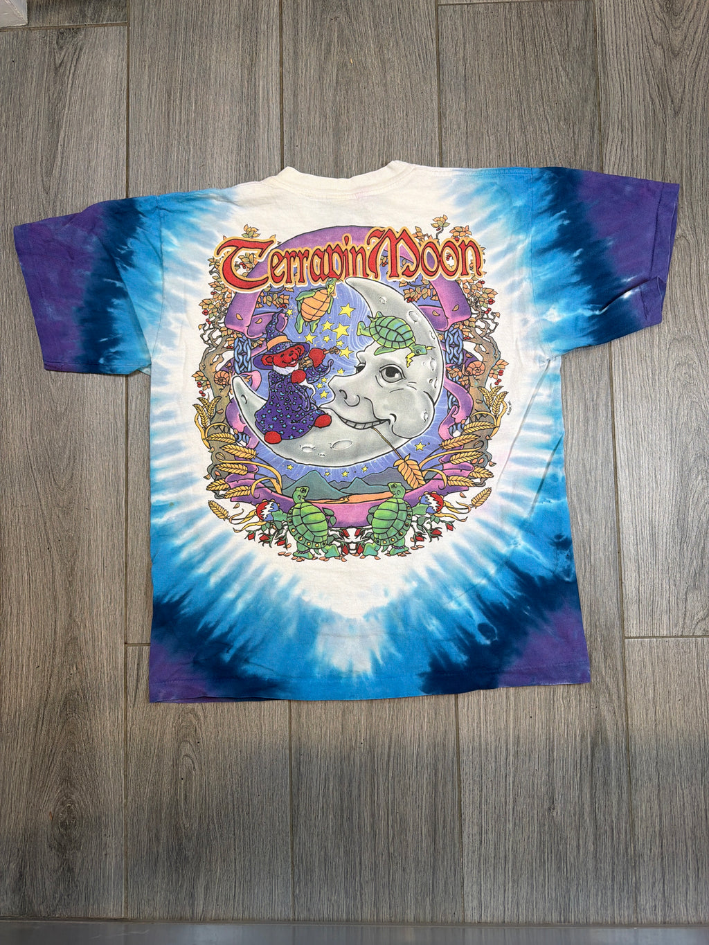 90s Grateful Dead Terrapin Moon Tie Dye Liquid Blue T-Shirt Medium