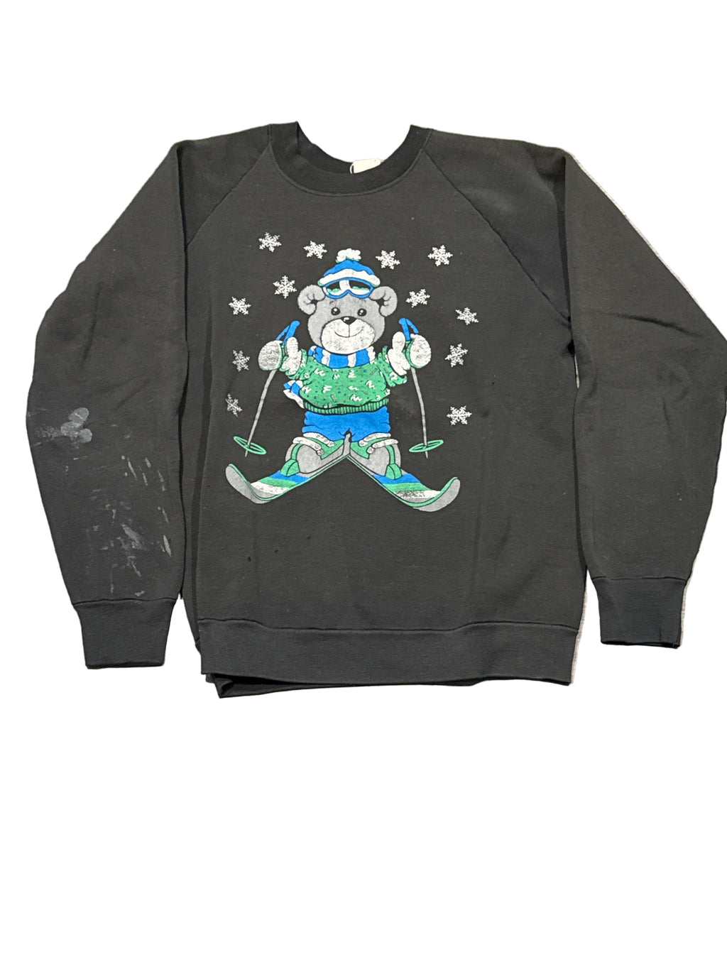 90s Thrashed Teddy Bear Ski Black Crew Neck Sweatshirt Medium