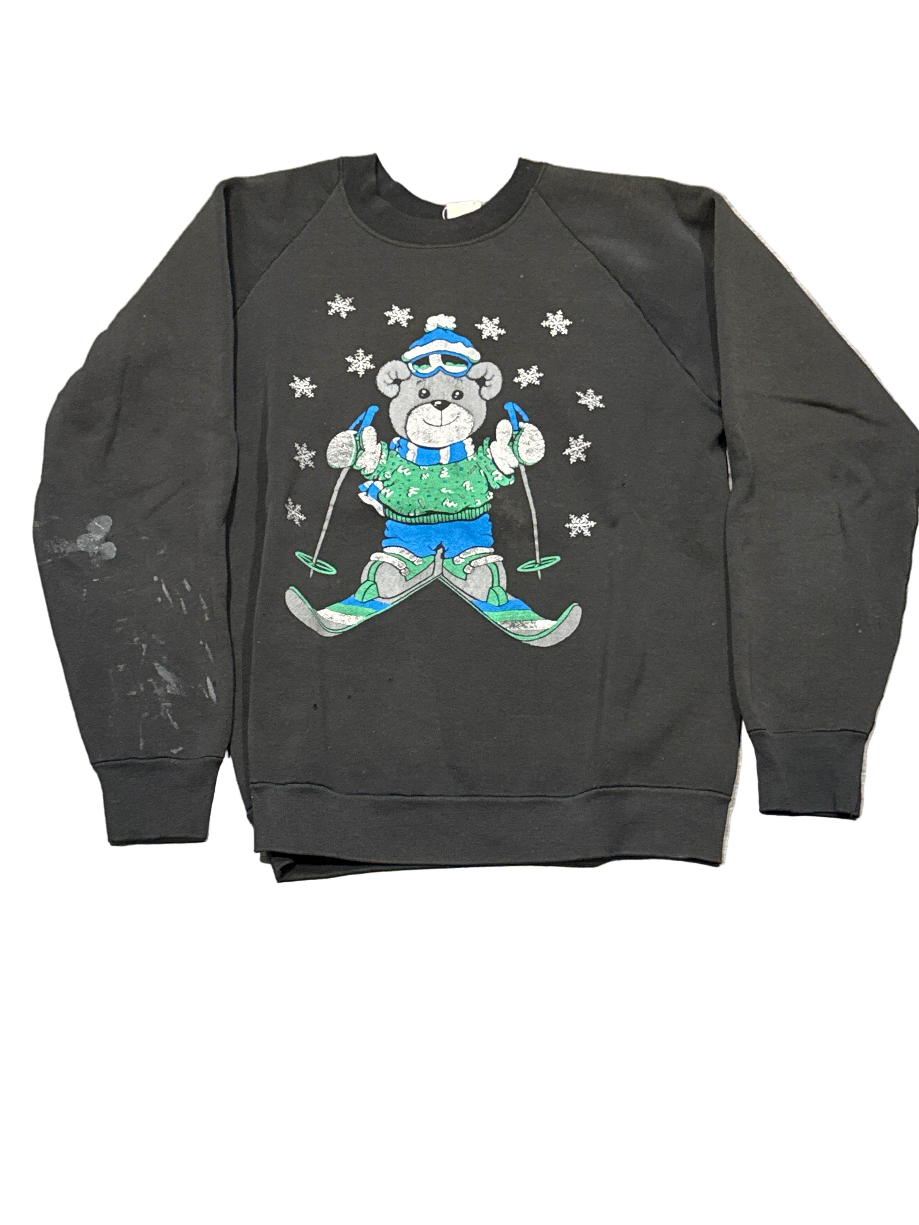 90s Thrashed Teddy Bear Ski Black Crew Neck Sweatshirt Medium