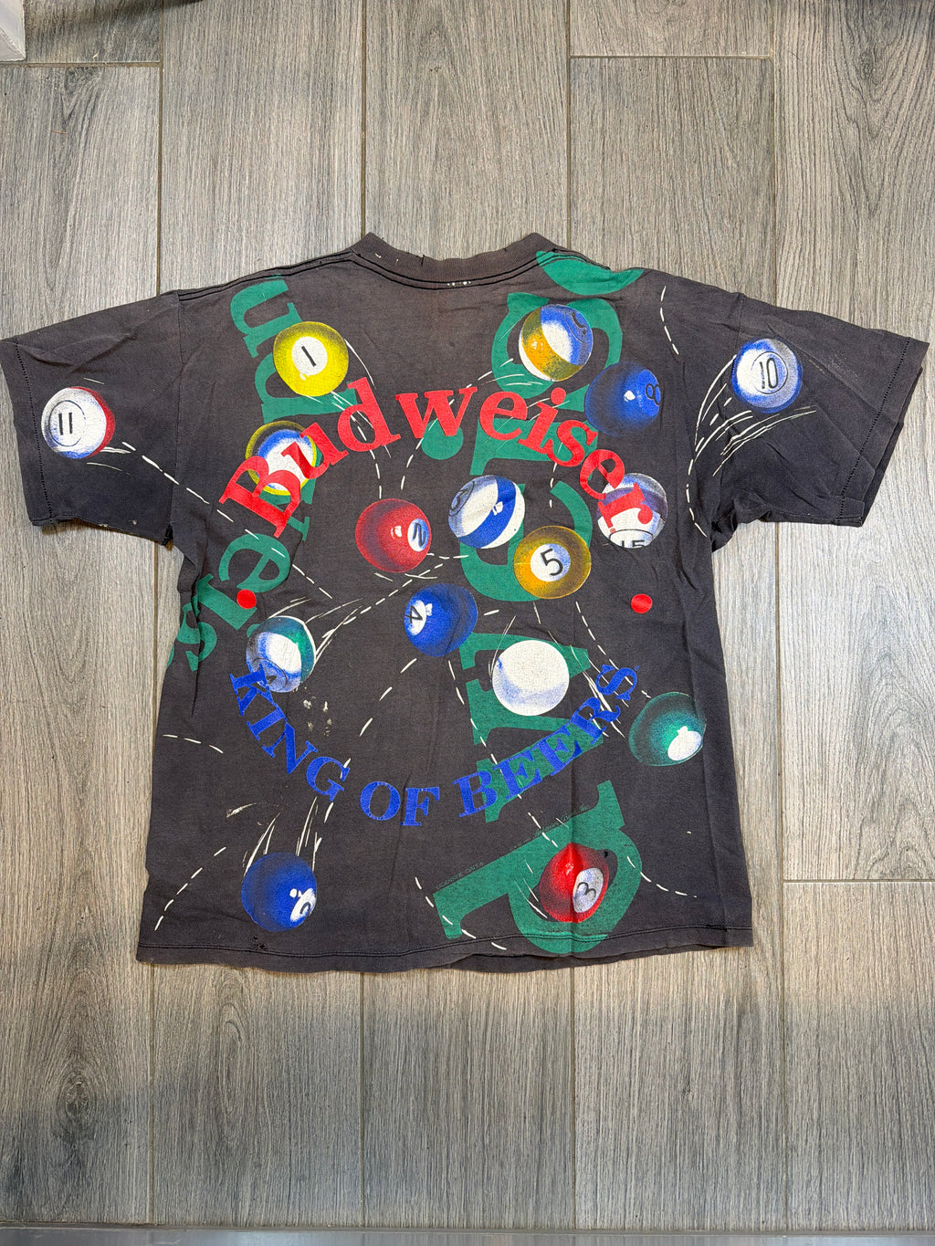 1992 Budweiser Pool Billiards Balls AOP Faded Thrashed Black T-Shirt XL